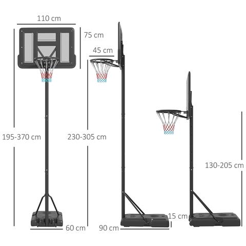 Canestro Basket Ad Altezza Regolabile Per Giardino E Piscina Con Base Riempibile, 110x75x195-370 Cm, Nero - Foto 6