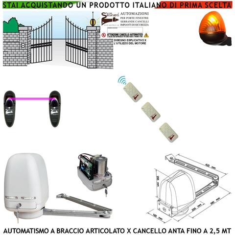 Automazione Cancello Kit Motore A Braccio Articolato 230/24 V Anta Battente Da 0,5 A 2,5 Mt Centrale 3 Radiocomandi Fa - Foto 1