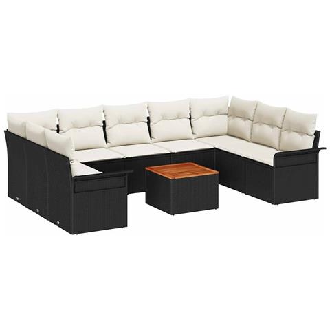 Set Divano da Giardino da 10 Pezzi con Cuscini Nero Polyrattan Acacia, Divano da Giardino da 2 posti con Spazio di Stoccaggio e Cuscini Nero Polyrattan - Foto 1