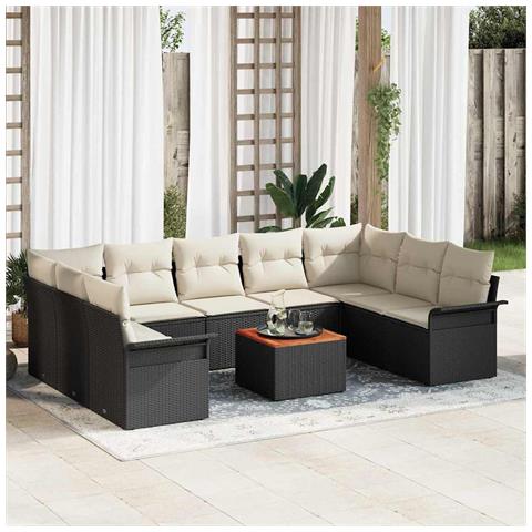 Set Divano da Giardino da 10 Pezzi con Cuscini Nero Polyrattan Acacia, Divano da Giardino da 2 posti con Spazio di Stoccaggio e Cuscini Nero Polyrattan - Foto 2