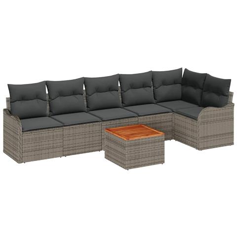 Set Divano Giardino 7 Pezzi con Cuscini Grigio Poli Rattan Acacia, Divano Giardino 2 Posti con Ripostiglio e Cuscini Grigio Poli Rattan - Foto 1
