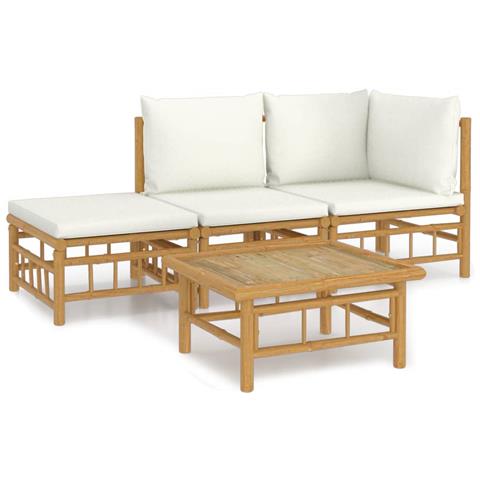 Set Salotto da Giardino 4pz con Cuscini Bianco Crema in Bambù - Foto 1