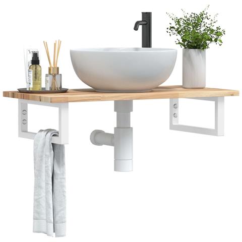 Ripiano a Parete per Lavabo in Acciaio e Massello di Acacia - Foto 2