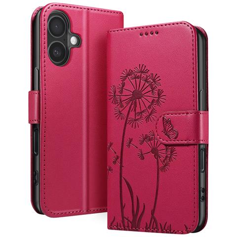 Custodia A Portafoglio Per Iphone 16 Design Premium Fiori Farfalla, Rosso - Foto 1