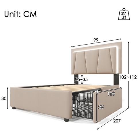 Letto Singolo Beige Con Led, Testiera Regolabile E Due Cassetti Per Lo Stoccaggio - Foto 2