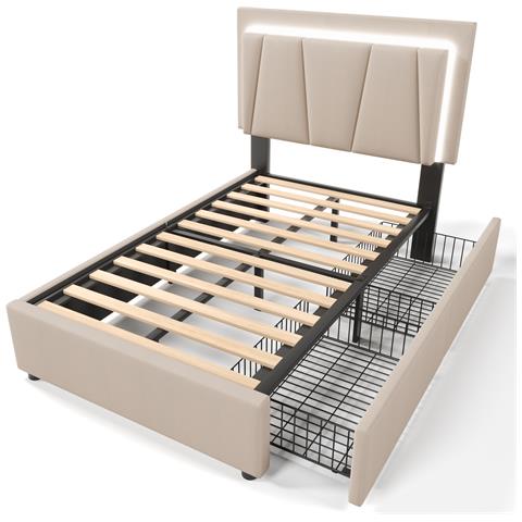 Letto Singolo Beige Con Led, Testiera Regolabile E Due Cassetti Per Lo Stoccaggio - Foto 3