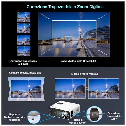 Videoproiettore Android Tv Full Hd 1080p, Wi-fi, 10000 Lumen, Rapporto Di Contrasto 20000:1, Zoom 50%, Correzione Trapezoidale 4 Punti, Bluetooth, Mirroring Schermo - Foto 4