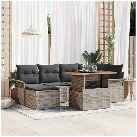 Set da Pranzo da Giardino da 7 Pezzi con Cuscini Grigio in Polyrattan e Acacia - Foto 2