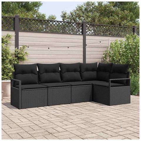 Set di Divani da Giardino vitaXL con Cuscini Vimini Nero da 5 Pz, Divano da Giardino a 2 Posti vitaXL con Cuscini Vimini Nero - Foto 2