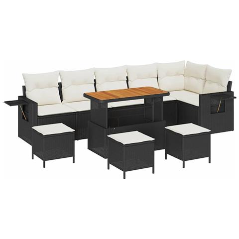 Set Divano da Giardino da 10 Pezzi con Cuscini Nero Polyrattan Acacia, Set da Pranzo da Giardino da 4 Pezzi con Cuscini Nero Polyrattan Acacia - Foto 1