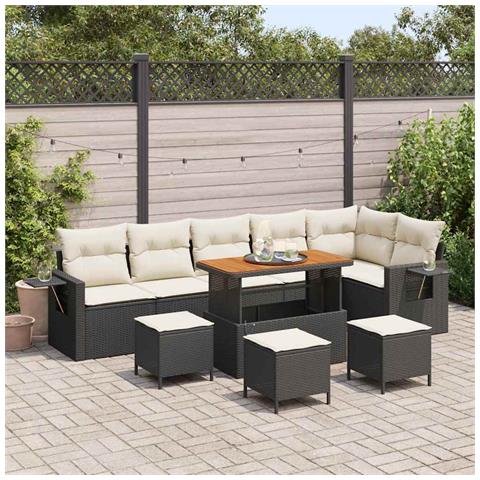 Set Divano da Giardino da 10 Pezzi con Cuscini Nero Polyrattan Acacia, Set da Pranzo da Giardino da 4 Pezzi con Cuscini Nero Polyrattan Acacia - Foto 2