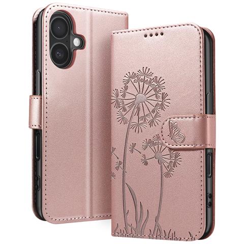 Custodia A Portafoglio Per Iphone 16 Design Premium Fiori Farfalla, Rosa Champagne - Foto 1