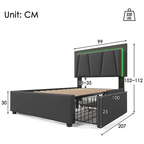 Letto Singolo Con Illuminazione Led, Testiera Regolabile E Due Cassetti Spaziosi - Foto 3