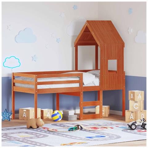 Letto A Soppalco Con Tetto Marrone Cera 90x200 Cm Legno Di Pino - Foto 1
