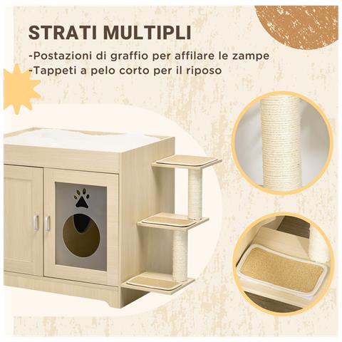 Mobile per Lettiera Casetta per Gatti con Spazio Portaoggetti e Pali Tiragraffi, in Legno, 107x54x70 cm - Foto 2