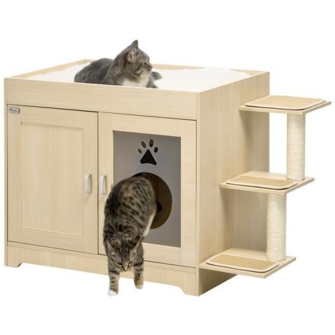 Mobile per Lettiera Casetta per Gatti con Spazio Portaoggetti e Pali Tiragraffi, in Legno, 107x54x70 cm - Foto 1