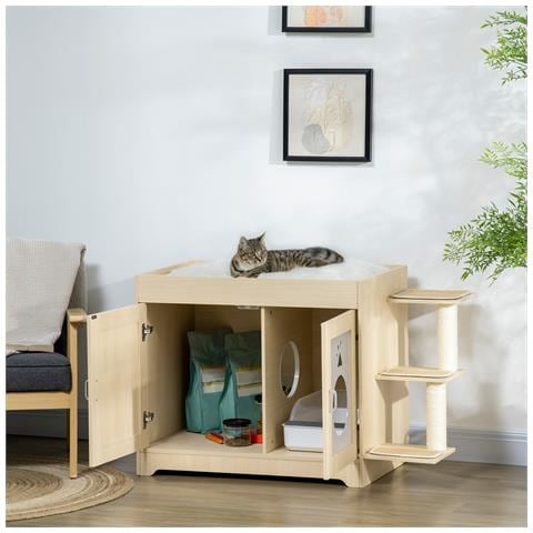 Mobile per Lettiera Casetta per Gatti con Spazio Portaoggetti e Pali Tiragraffi, in Legno, 107x54x70 cm - Foto 6