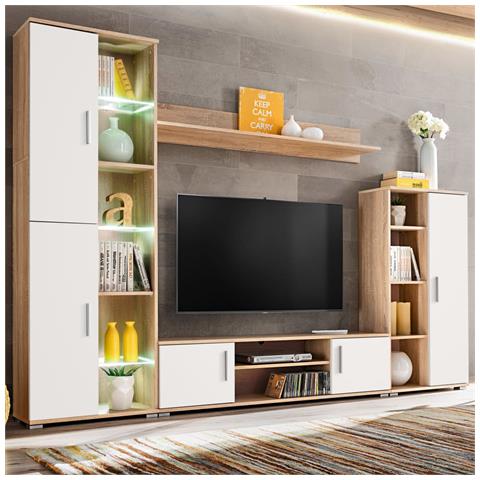 Parete Attrezzata Porta Tv Con Luci Led Rovere Sonoma E Bianco - Foto 8