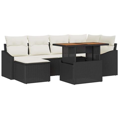 Set da Pranzo da Giardino da 7 Pezzi con Cuscini Nero in Polirattan Acacia - Foto 1