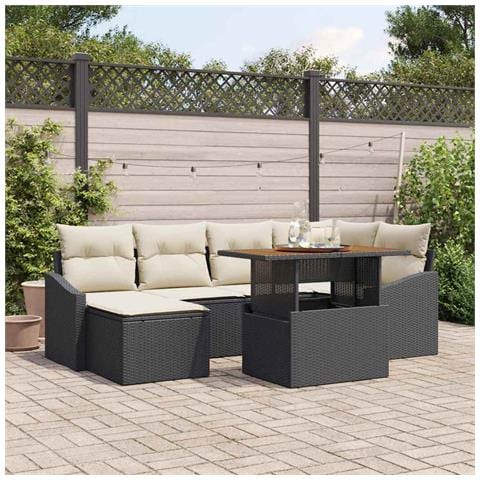Set da Pranzo da Giardino da 7 Pezzi con Cuscini Nero in Polirattan Acacia - Foto 2