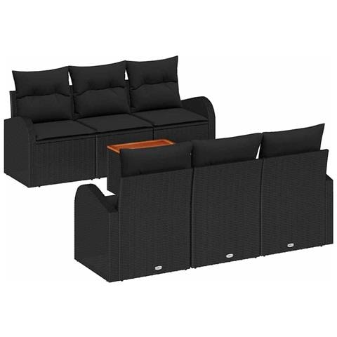 Set di divani da giardino  da 7 pezzi con cuscini in polirattan nero e legno d'acacia, Divano da giardino  per 2 persone con spazio per riporre e cuscini in polirattan nero - Foto 1