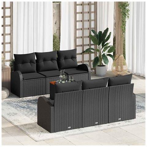 Set di divani da giardino  da 7 pezzi con cuscini in polirattan nero e legno d'acacia, Divano da giardino  per 2 persone con spazio per riporre e cuscini in polirattan nero - Foto 2