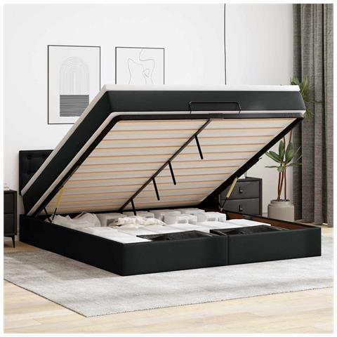 Pouf Letto con Materassi e LED Nero 160x200cm Similpelle - Foto 2