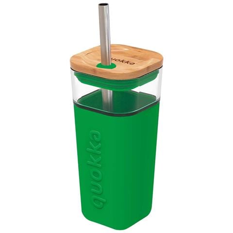 Tazza In Vetro 540 Ml Con Coperchio In Bambù E Cannuccia Inox, Verde - Foto 1