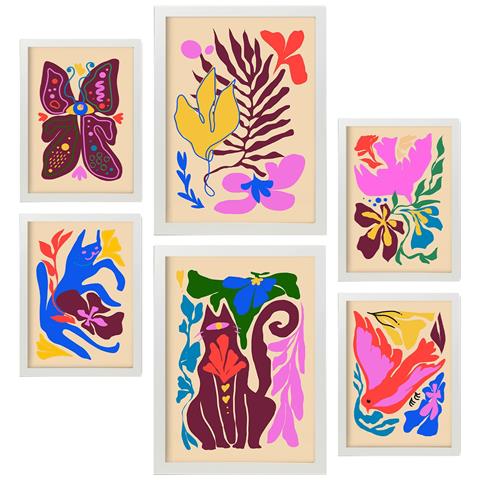 Set Di 6 Stampe Pittoresco 1 In Animali Astratti Dipinti Decorativi Estetici Per Il Tuo Soggiorno, Camera Da Letto, Casa A3 & A4 Cornice Bianca - Foto 1