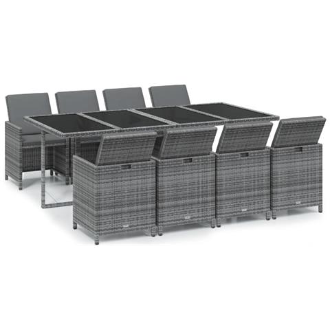 Set Da Pranzo Per Giardino 9pz Con Cuscini In Polyrattan Grigio - Foto 1