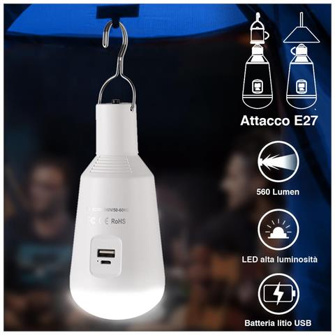 Lampadina a Batteria USB E27 Luce Led Lampada Emergenza Campeggio con Powerbank - Foto 1