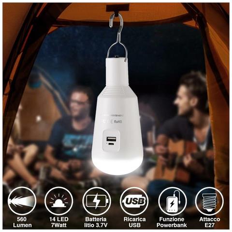 Lampadina a Batteria USB E27 Luce Led Lampada Emergenza Campeggio con Powerbank - Foto 2