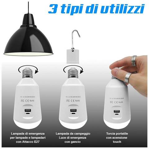 Lampadina a Batteria USB E27 Luce Led Lampada Emergenza Campeggio con Powerbank - Foto 4
