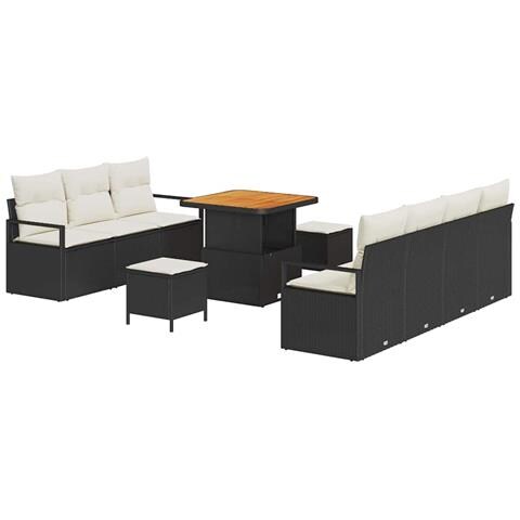 Set Divano da Giardino da 10 Pezzi con Cuscini Rattan Poliestere Nero Acacia, Divano da Giardino da 2 Posti con Cuscini Rattan Poliestere Nero, Set da Pranzo da Giardino da 3 Pezzi con Cuscini Rattan Poliestere Nero Acacia - Foto 1