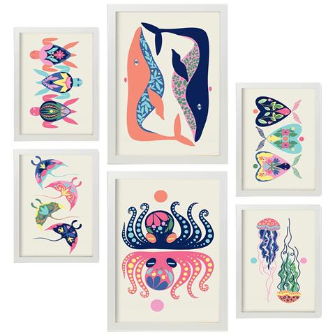 Set Di 6 Stampe Creatures Frames 2 In Animali Astratti Dipinti Decorativi Estetici Per Il Tuo Soggiorno, Camera Da Letto, Casa A3 & A4 Cornice Bianca - Foto 1