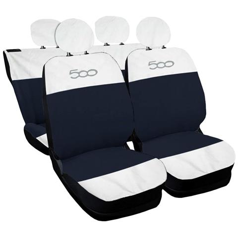 Coprisedili Auto Compatibili Per 500, Made In Italy, Set Di Copri Sedili Anteriori E Posteriori (bicolore Orizz.) Con Copri Poggiatesta Incluso, Tessuto Poliestere, Colore - Bianco \blue Scuro - Foto 1