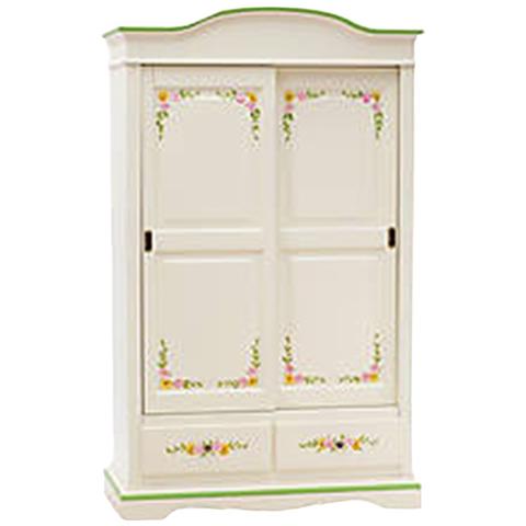 Armadio 2 Ante Scorrevoli Legno Shabby Bianco Decorato Filo Verde 122x59x200 - Foto 1