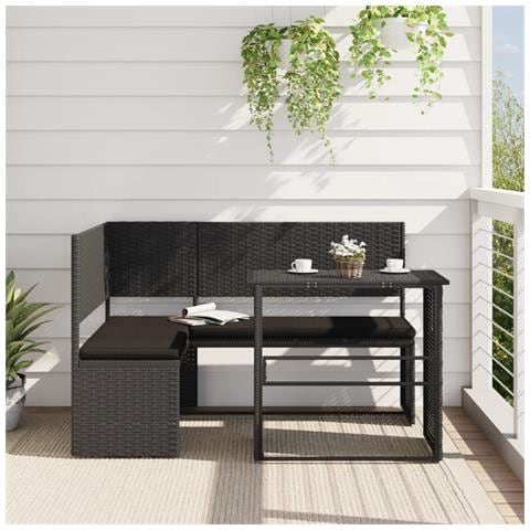 Divano da Giardino con Tavolo e Cuscini a L Nero in Polyrattan - Foto 7