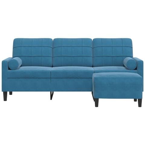 Divano A 3 Posti Con Poggiapiedi Blu 180 Cm In Velluto - Foto 3