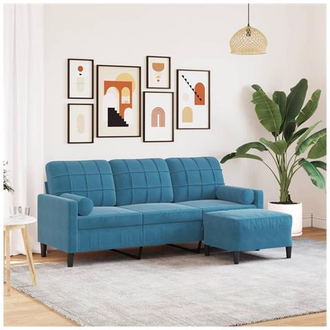 Divano A 3 Posti Con Poggiapiedi Blu 180 Cm In Velluto - Foto 1