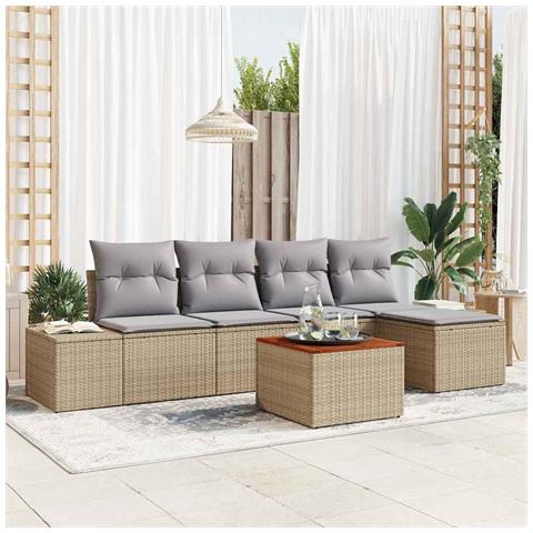 Set di Divani da Giardino a 6 Pezzi con Cuscini Beige in Polyrattan e Acacia - Foto 2