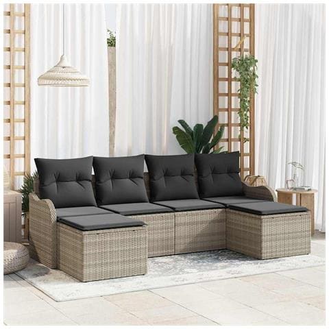 Set di Divani da Giardino vitaXL da 6 Pezzi con Cuscini Grigio Chiaro Rattan Poli, Divano da Giardino a 2 Posti vitaXL con Cuscini Grigio Chiaro Rattan Poli - Foto 2