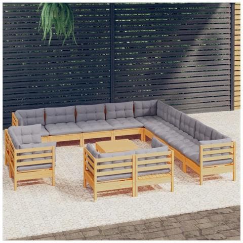 Set Divani da Giardino 14 pz con Cuscini Grigi Massello di Pino - Foto 2