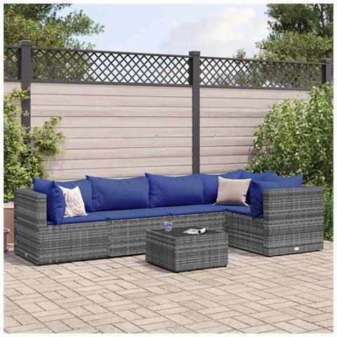 Set Divani da Giardino 6 pz con Cuscini in Polyrattan Grigio - Foto 2