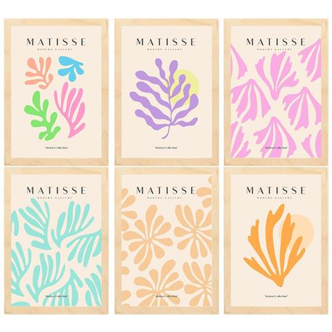 Set Di 6 Stampe Künstlerischen Illustrationen Von Henri Matisse Pastellfarben Sammlung Von Dekorations Gemälden Rahmen Aus Hellem Holz A3 Telaio In Legno Chiaro - Foto 1