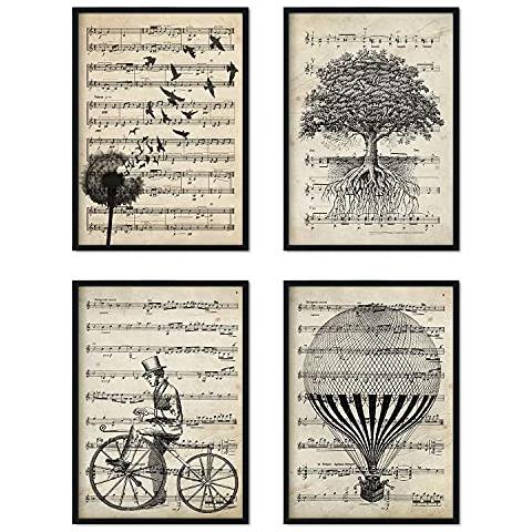 Set Di 4 Stampe Sfondo Con Pentagramma Musicale Raffigurazione In Primo Piano Di Mongolfiera Dente Di Leone Albero E Bicicletta Senza Cornice A4 - Foto 1
