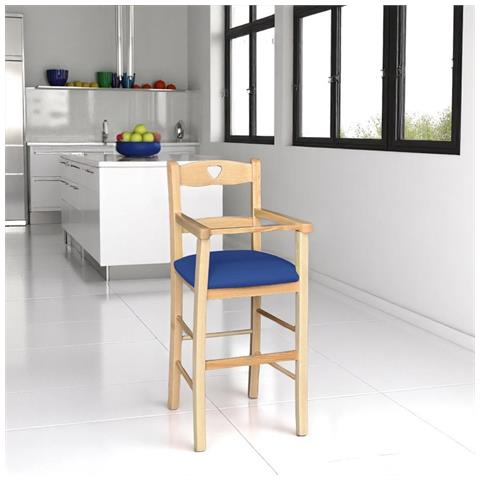 Seggiolone In Legno Color Naturale Con Seduta Imbottita In Similpelle Blu - Foto 1