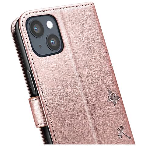 Custodia A Portafoglio Per Iphone 13 / 14 Design Premium Fiori Farfalla, Rosa Champagne - Foto 2
