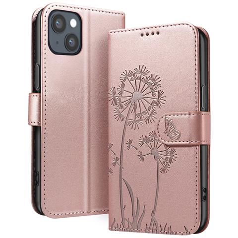 Custodia A Portafoglio Per Iphone 13 / 14 Design Premium Fiori Farfalla, Rosa Champagne - Foto 1