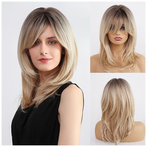 Parrucca Biondo Dorato Con Frangia - Capelli Sintetici Resistenti Al Calore Per Uso Quotidiano E Feste - Foto 2